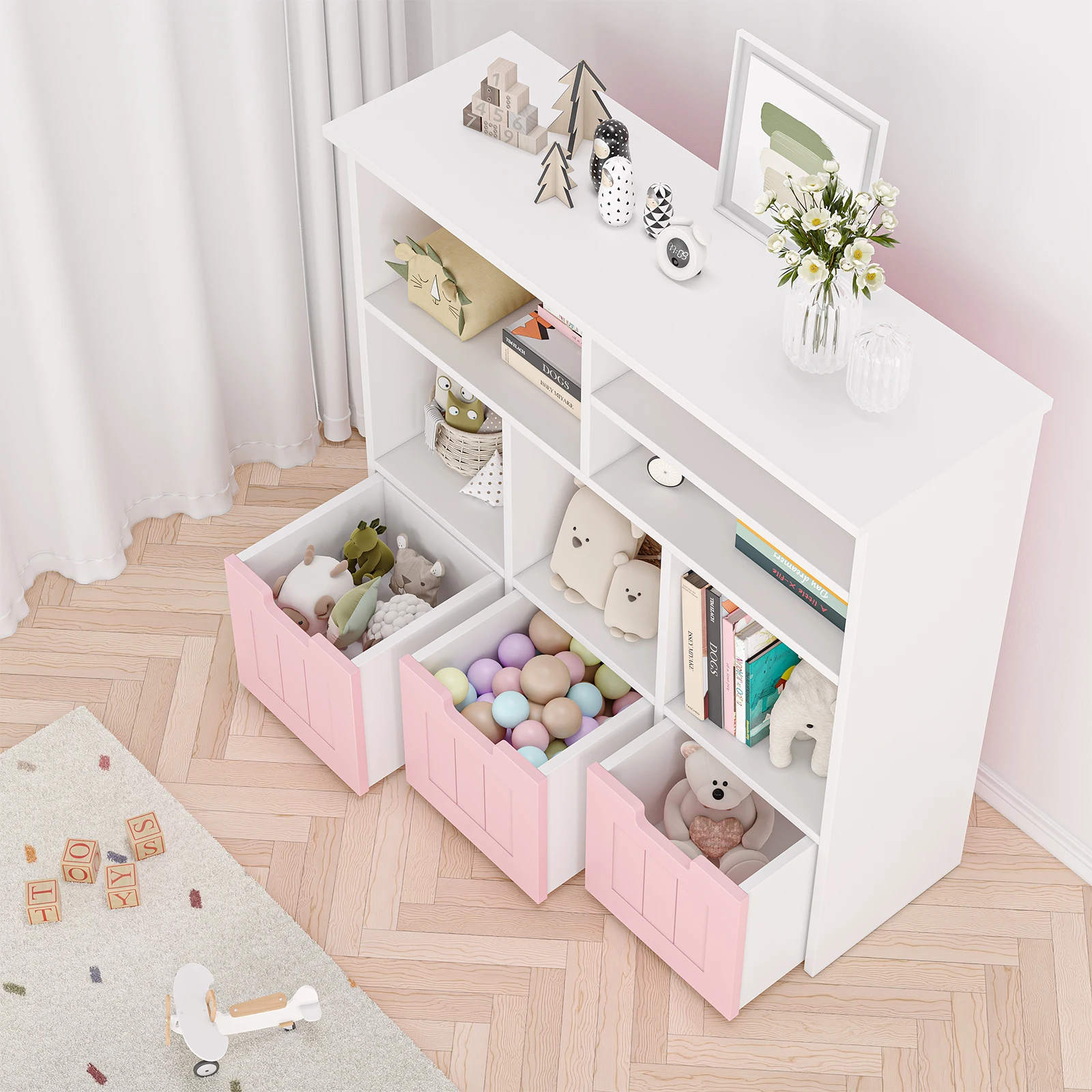 Toy Storage Cabinet with 3 Movable Drawers & 6 Cubes, Bookshelf with Hidden Wheels, Kids Bookcase Toy Storage Organizer 5