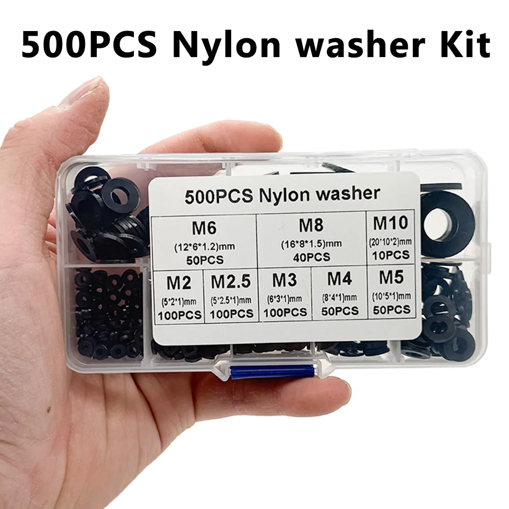 500PCS Nylon Washer Flat Assortment Kit 8-size Safety Plates M2 M2.5 M3 M4 M5 M6 M8 M10 Nylon Sealing Washers