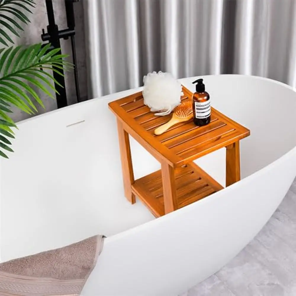 Teak Spa Shower Bench Seat with Handle Shelf Waterproof Bathroom Stool Indoor Outdoor 18 Inch Durable Solid Wood Non-Slip Legs 5