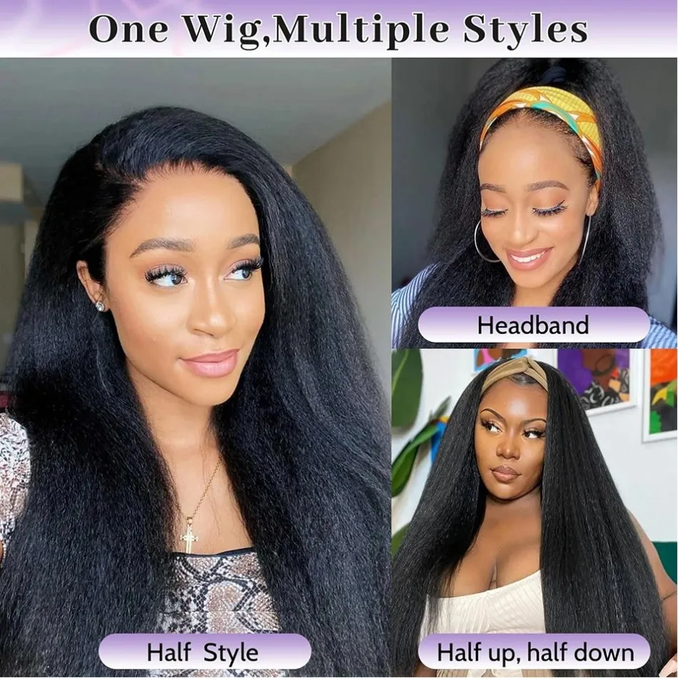 Kinky Straight Half Wigs Human Hair With Drawstring Glueless Wigs 250 Density 3 IN 1 Half Wigs Flip Kinky Straight Half Wig 40In 3