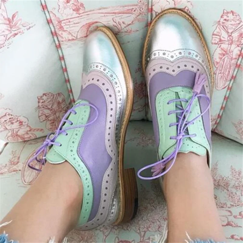 35~43 Big Size Vintage British Style Oxfords Round Toe Gold Green Pink Lady Lace Up Brogues Loafers Casual Shoes For Women