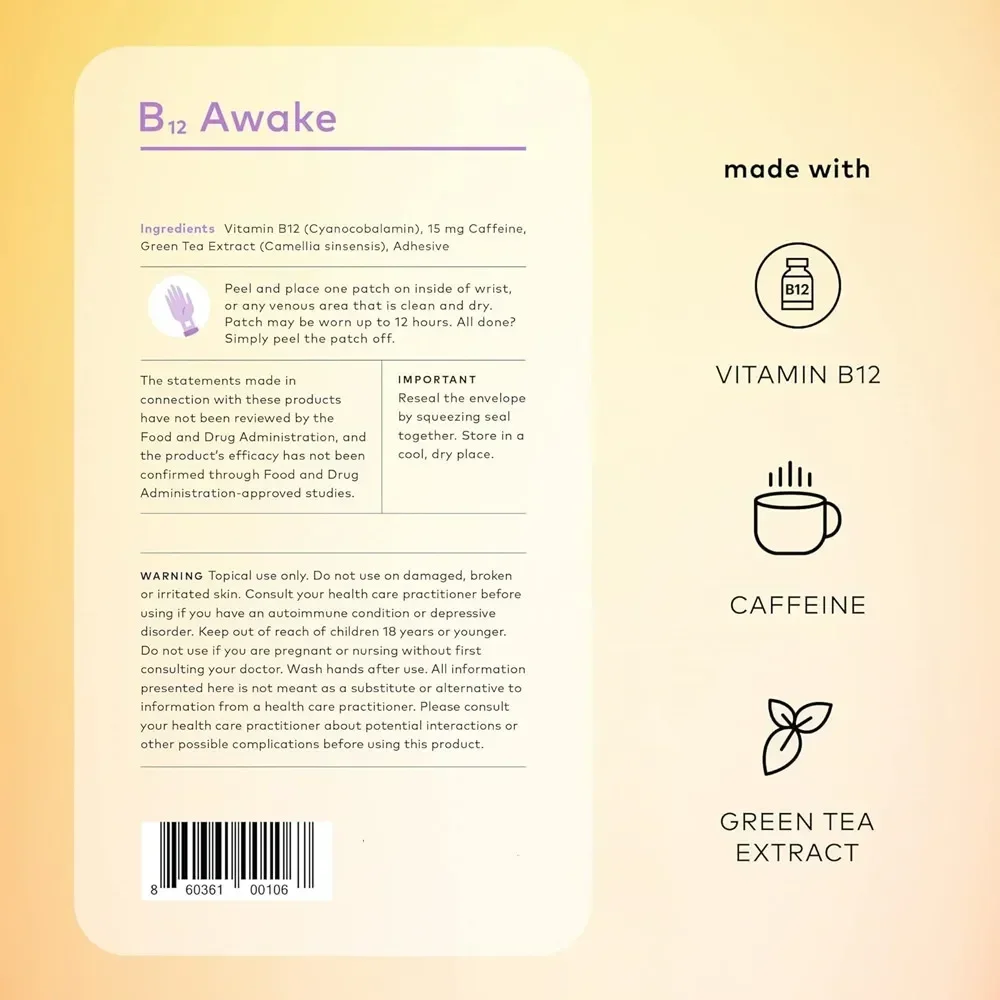 B12 Awake Transdermal Patches with Plant-Based Ingredients Caffeine B12 Green Tea Extract 30 Patches