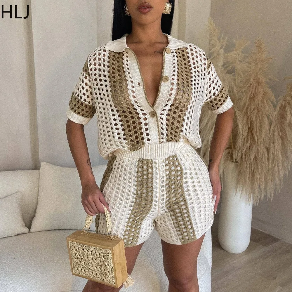 

HLJ Summer Striped Knitting Two Piece Sets Women V Neck Short Sleeve Top And Shorts Outfits Fashion Female Hollow 2pcs Clothing