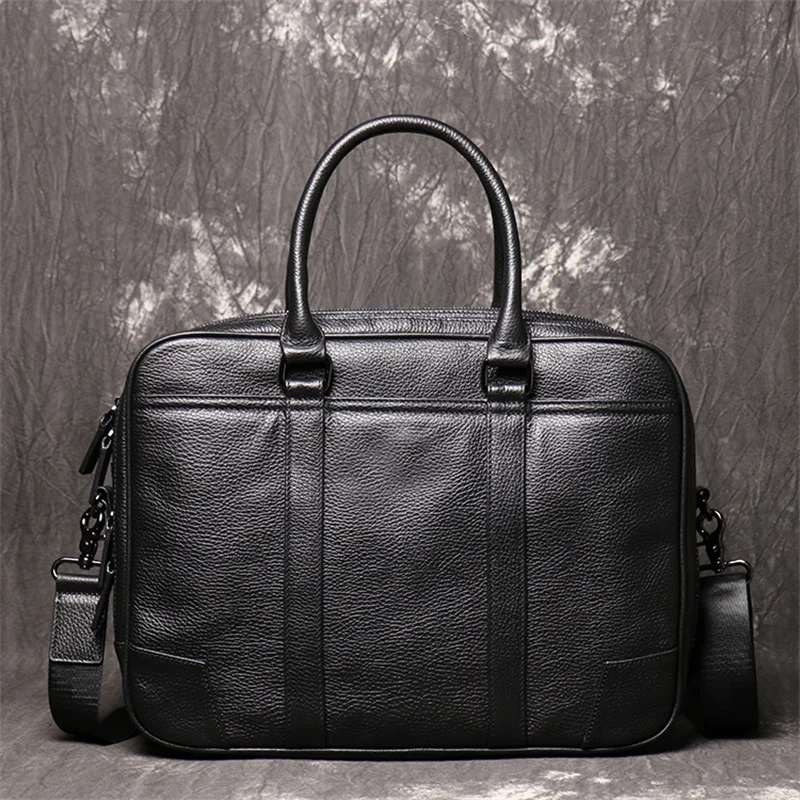 

Highend Two Main Pockets Black Genuine Leather A4 Office Women Men Briefcase 14'' Laptop Portfolio Messenger Bag M1814