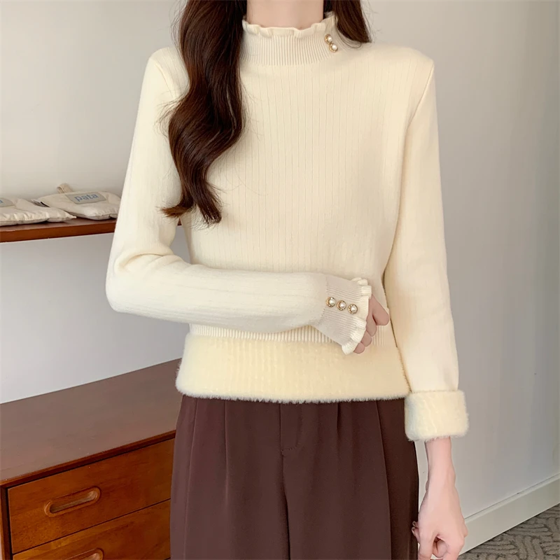 

Korean Turtleneck Plus Sweater Women Winter Warm Thicken Knitted Pullover Casual Lined Bottomed Tops