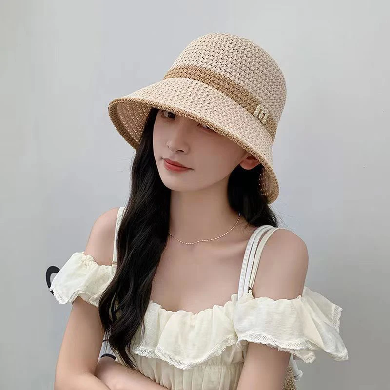 여성용 야외 자외선 차단 태양 모자, 접이식 대야 양동이, 할로우 스티칭 파나마 모자, 어부 모자, 여름, 1 개, 신제품