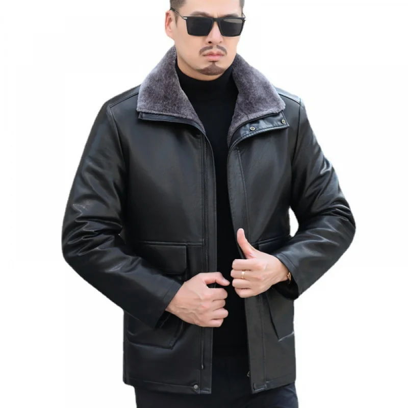 

Plus Size Middle-Aged and Elderly Men Haining Genuine Leather Clothes Coat Mid-Length Fur Integrated Lapel Leather Thicke