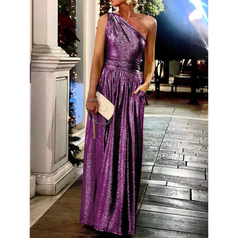 New Summer Holiday Solid Pocket Women Party Loungewear Sleeveless Skew Collar Elegant Ladies Maxi Dress Streetwear Vestido