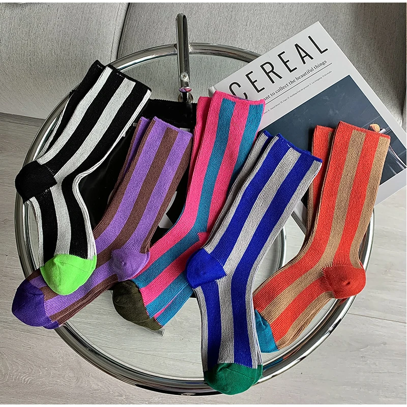 

Y2k Striped Socks Women's Summer Thin Mid Length Socks Instagram Style Color Blocking Trendy Socks Colorful Pile Up Socks