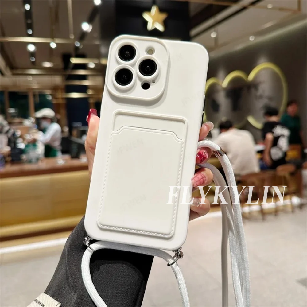 Flat Rope Solid Color Card Holder Phone Case with Soft Silicone and Hanging Rope Design