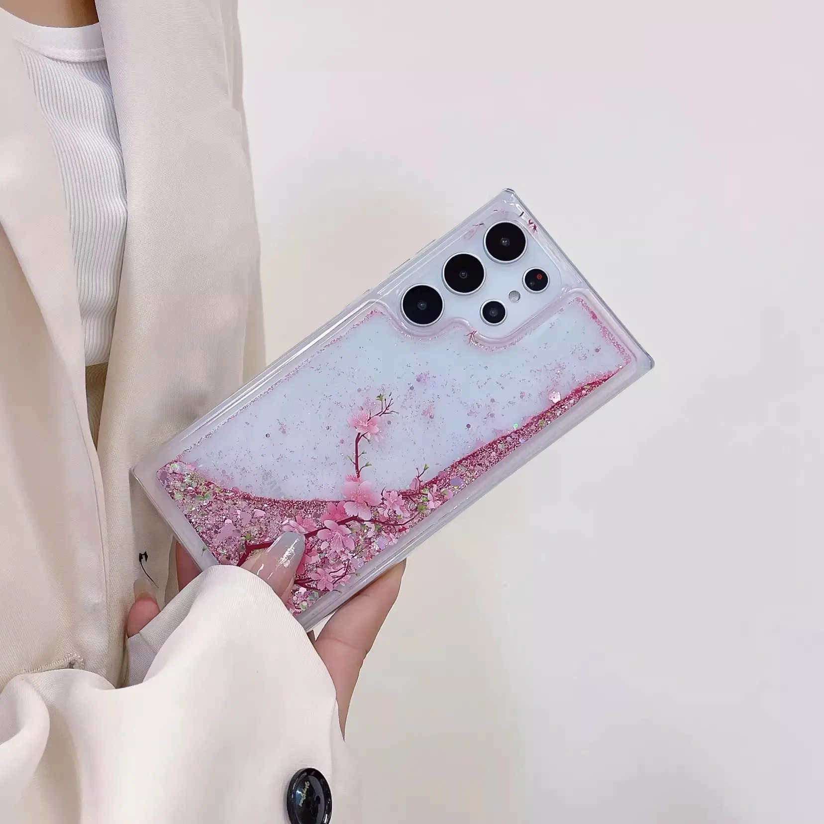 Pink Peach Blossom Quicksand Case with Love Heart Sparkles and Floral Accents