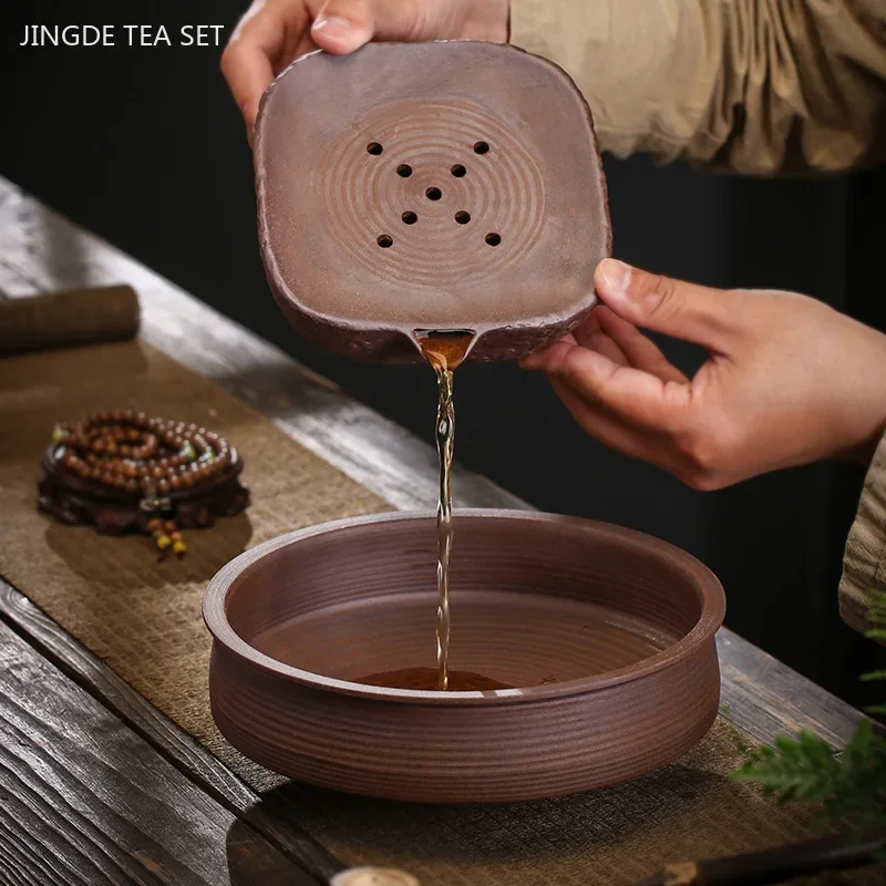 Retro Coarse Pottery Water Storage Tea Tray Chinese Zen Ceramic Pot Bearing Dry Tea Table Teaware Trays Chinese Tea Accessories