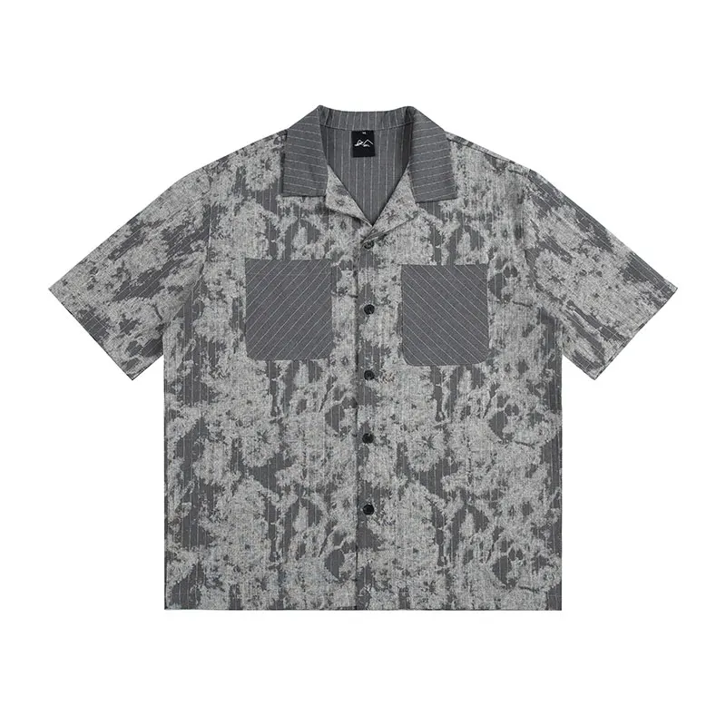 

Men's Stripe Print Splice Fashion Loose Casual Short Sleeve Shirts Cityboy Japanese Korean Streetwear Oversize Cargo Shirt