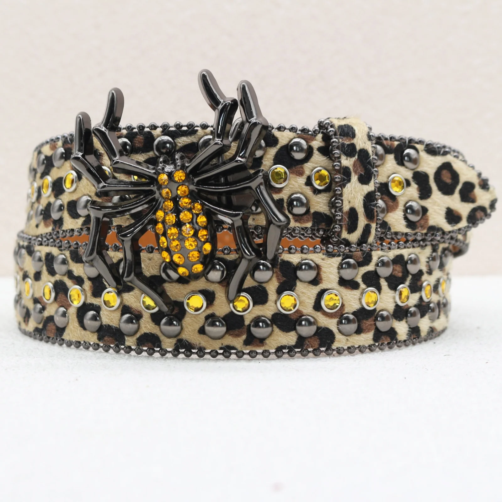 Leopardenmuster Strass-Gürtel, Große Spinnenschnalle Gothic-Gürtel, Geeignet für Jeans, 3,8 cm Breiter Y2K Punk-Gürtel für Männer und Frauen – Detail 8
