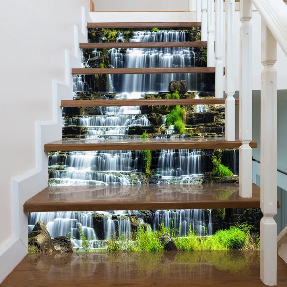 3D Self-Adhesive Stair Riser Decals Stickers Forest Waterfall Removable PVC Staircase Stickers Mural Stairway Wallpaper Sticker Decoration