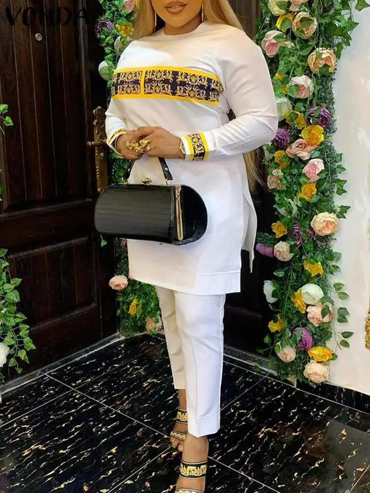 

Women Elegant Pants Sets 2023 VONDA Fashion Long Sleeve Printed Suits Sets Matching Sets Casual Elastic Waist Trousers And Tops
