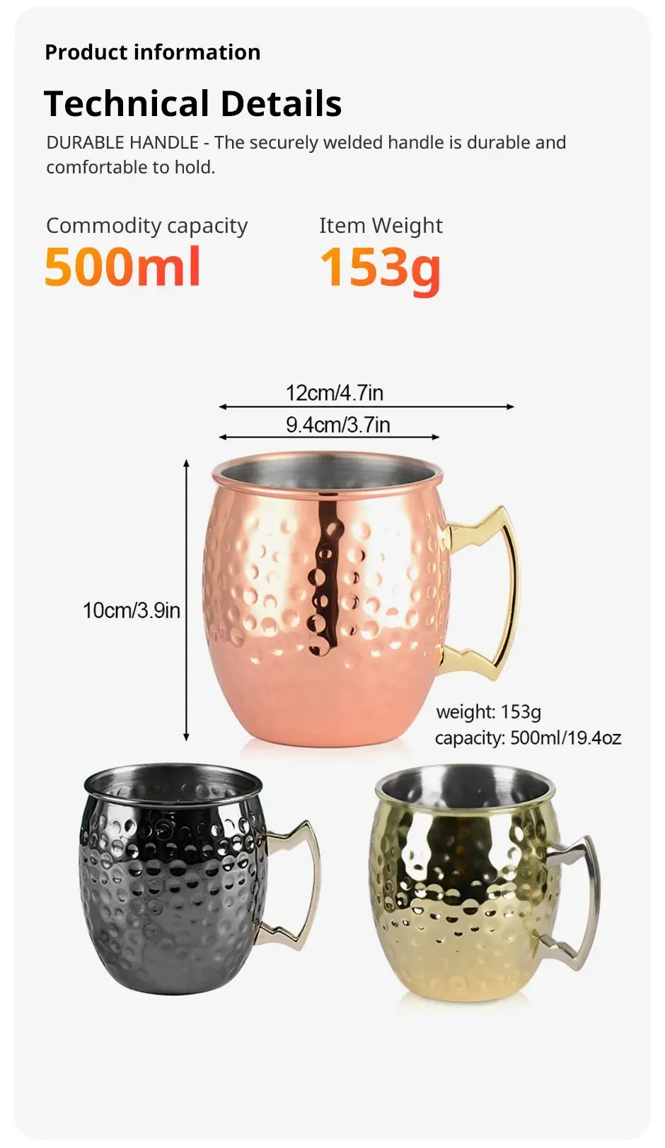Description Picture 5 of itemCreative Stainless Steel Hammered Point Cocktail Mug, Non-Slip with Gold Handle Drum Mug for Home and Bar Drinking Mule Mugs
