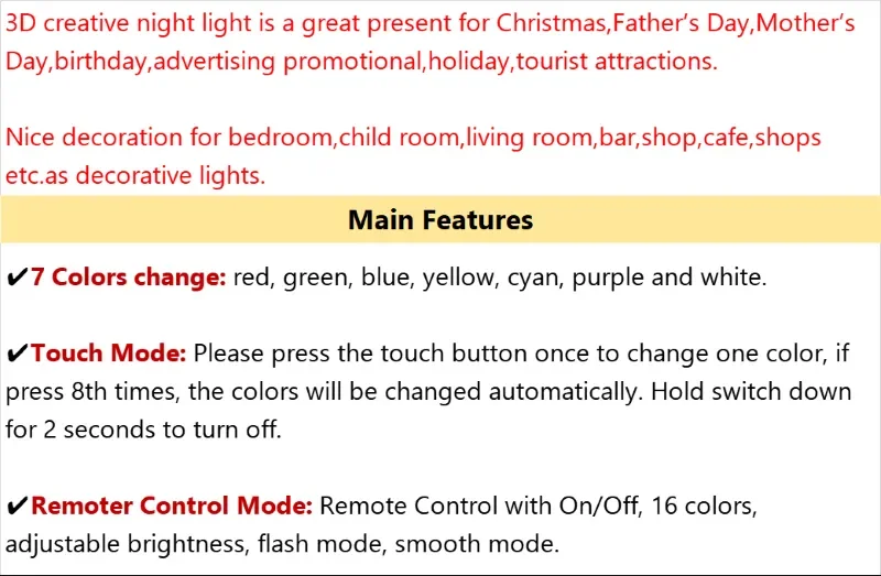 Description Picture 2 of itemNighdn 3D Dinosaur Night Light for Boys Room 7 Color Changes& Remote Control LED Illusion Night Lamp Dino Toys Gifts for Kids