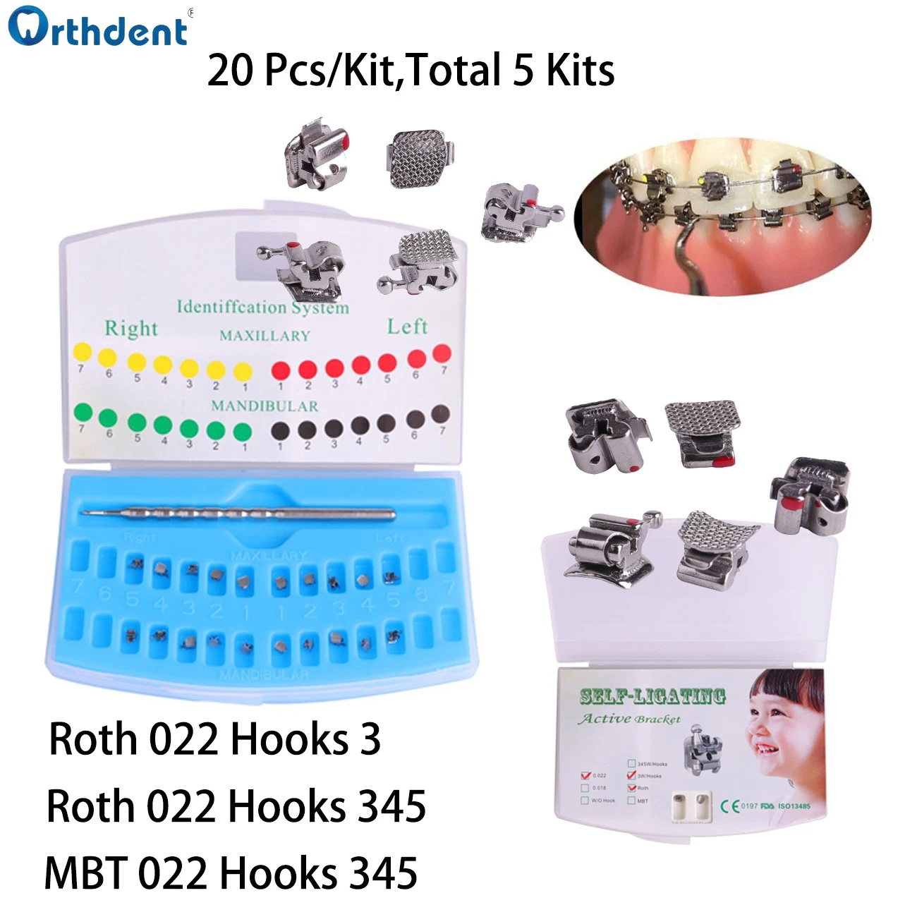 

5 Kits Dental Orthodontic Brackets Active Self Ligating Braces Teeth Metal Mesh Roth MBT 022 Hooks 345 3 Dentistry Materials