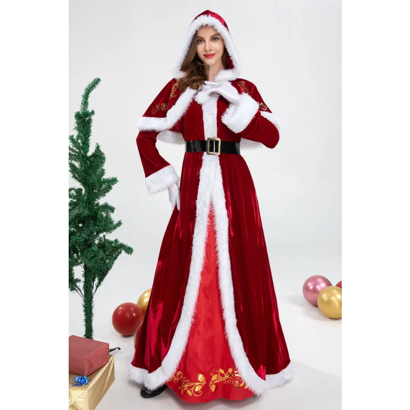 

Santa Claus Costume Women Hooded Cape Design Long Sleeved Belt Christmas Dress Red and White Mosaic Fiesta Party Fluffy Dress