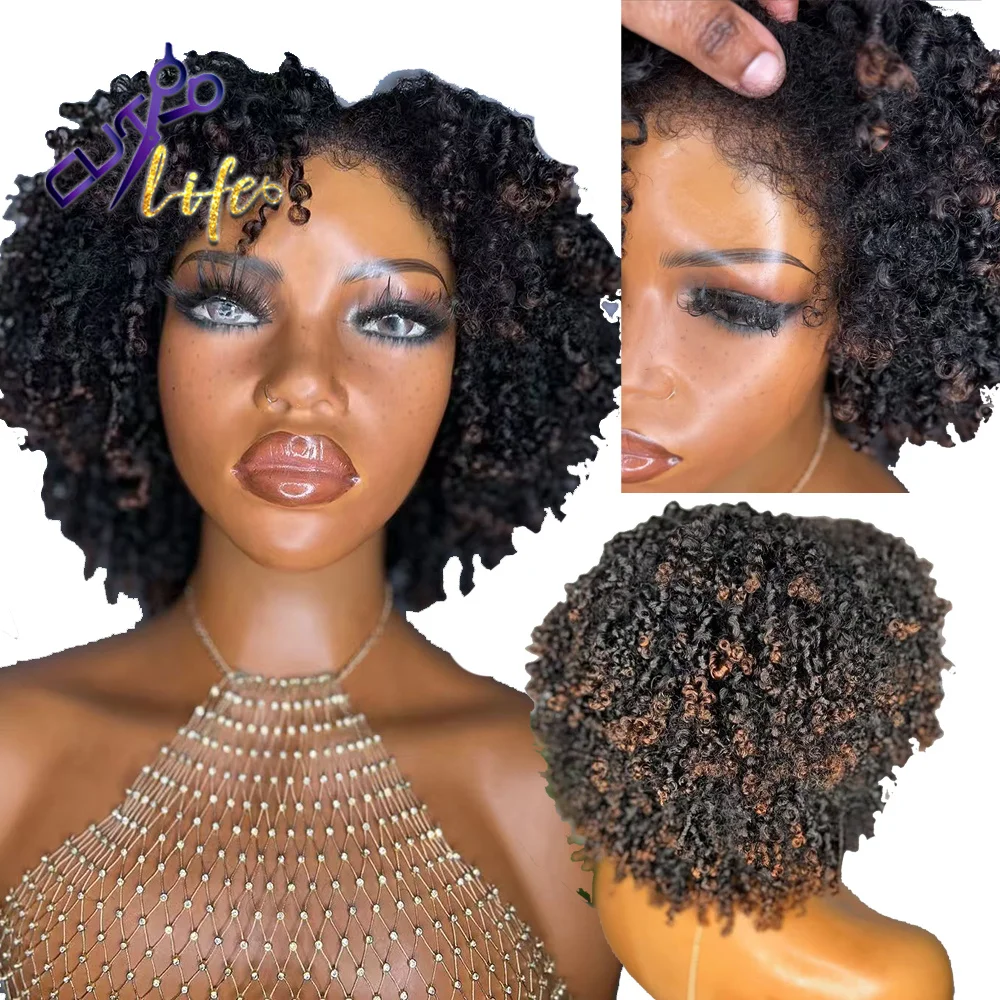 Ombre Honey Blonde Kinky Curly Wig With Kinky Edges Short Curly Bob Cut 13x4 Lace Front Wig Human Hair HIghlight Closure