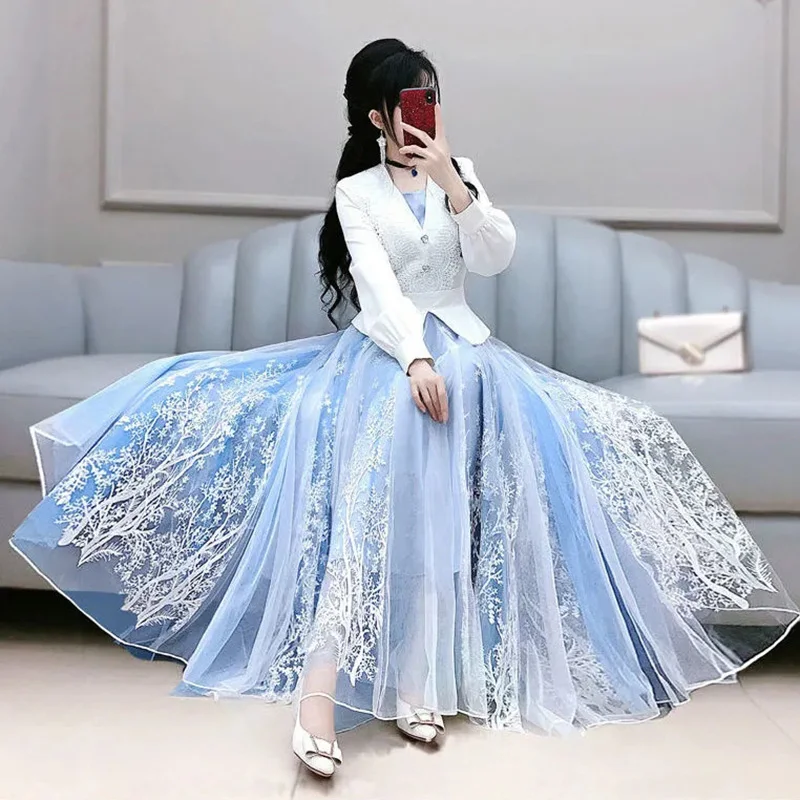 Dress female spring and autumn 2022 new female lace embroidered mesh long sleeve fake two-piece long skirt