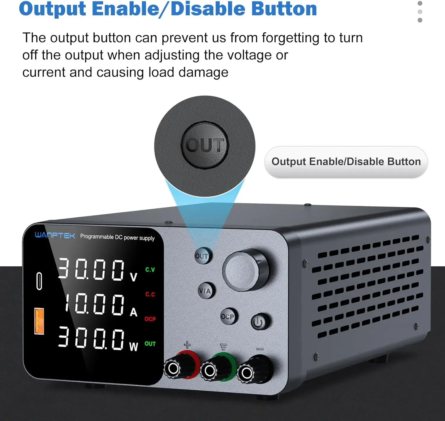 Wanptek Einstellbares Labornetzteil 30 V 60 V 120 V mit USB/Typ-C-Schnellladefunktion, voreingestelltes Gleichstrom-Gleichstromnetzteil – Detail 10