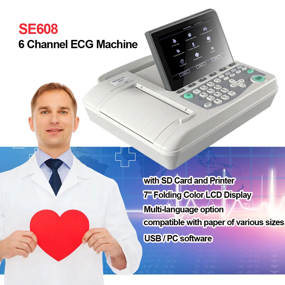 SE608 6 Channel ECG Machine Electrocardiograph 10 inch Folding Color LCD Display EKG Monitor with SD Card and Printer Software