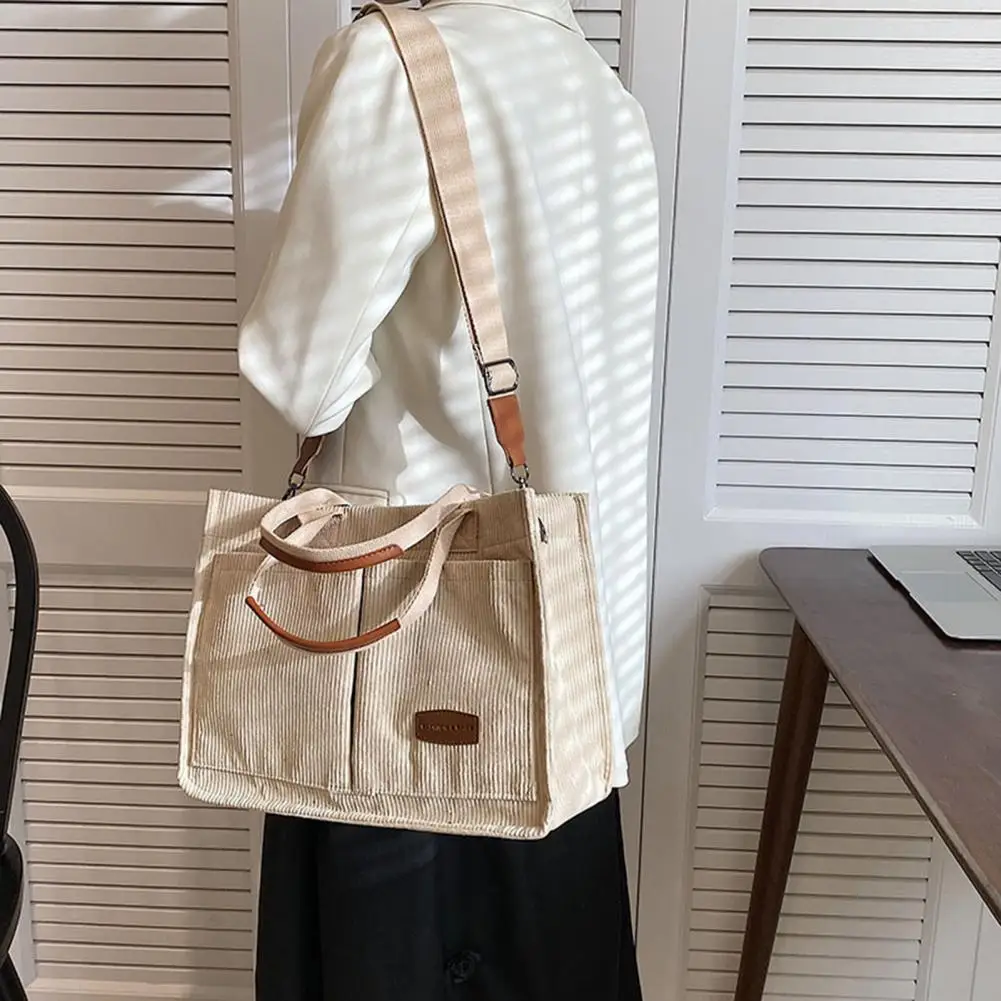 Women Crossbody Bag Multi Pockets Corduroy Bag Adjustable Strap Water Cup Book Cosmetic Storage Handbag Shoulder