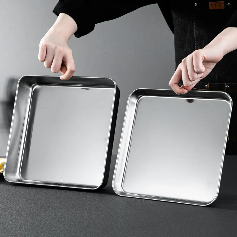 304 Flat Bottom Stainless Steel Square Tray Baking Pan Multifunctional Dessert Straight Edge Baking Tray Kitchen Storage Tools 3