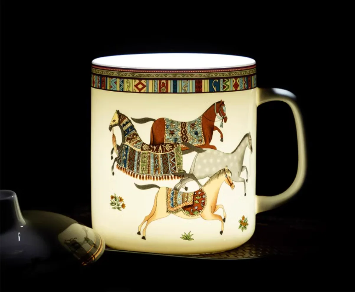 High bone China oriental horse office teacup with cover Jingdezhen porcelain love horse hotel conference tea cup