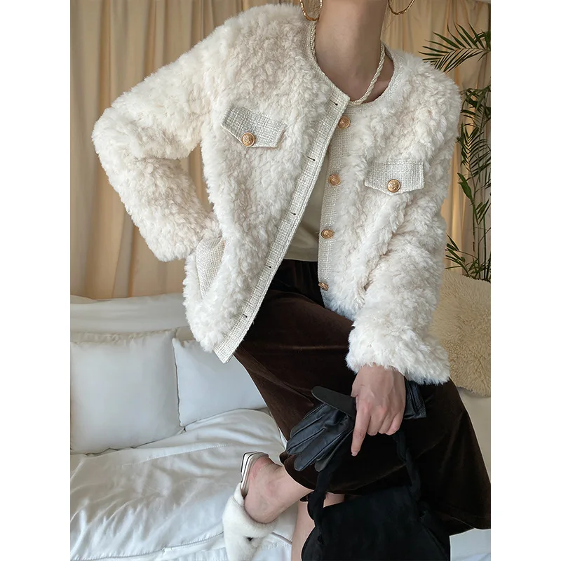 Jacket Women's Solid Color Cotton Thickened Warm Basic Color Short Lambswool Plush round Neck Splicing Coat AutumnWinter Fashion
