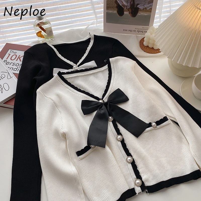 Neploe V넥 나비 매듭 장식, 귀여운 여성 스웨터, 한국 스타일 짧은 니트 가디건, 진주 단추 니트 상의, 가을 2024