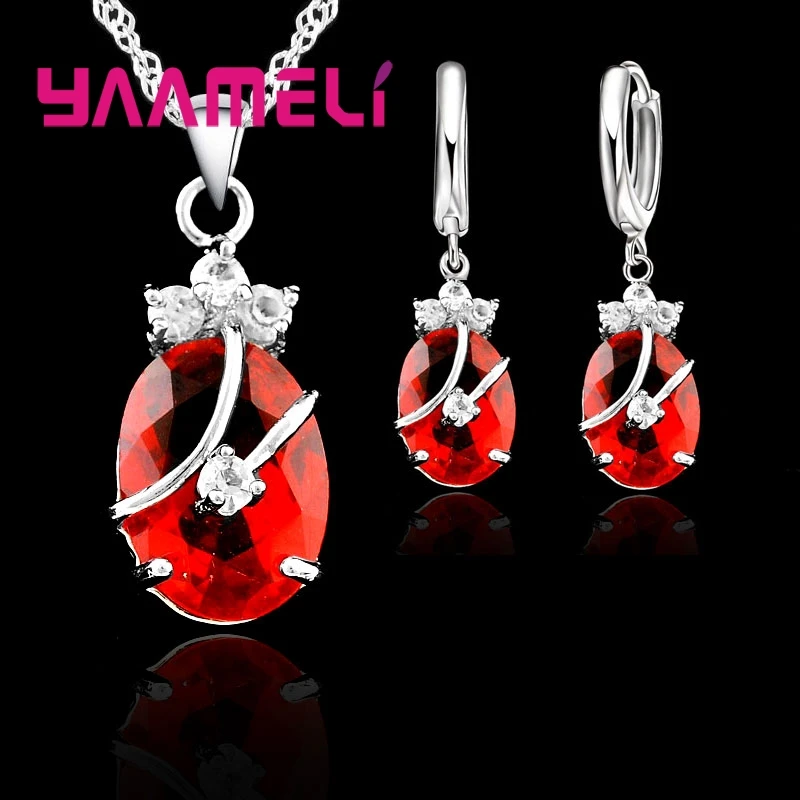 Jewelry Sets For Women 925 Sterling Silver Crystal Stone Pendant Charms Wedding Necklace Hoop Earrings