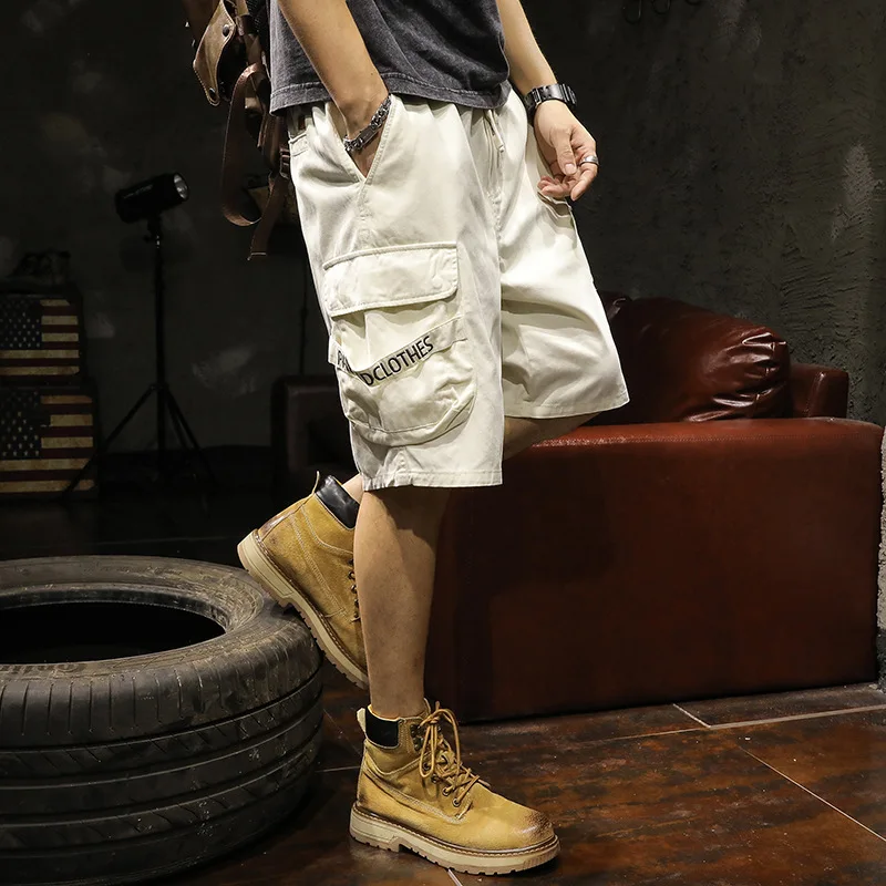 

Summer white cotton quarter-length men's cargo shorts pair with stylish men's baggy plus size sports casual pants