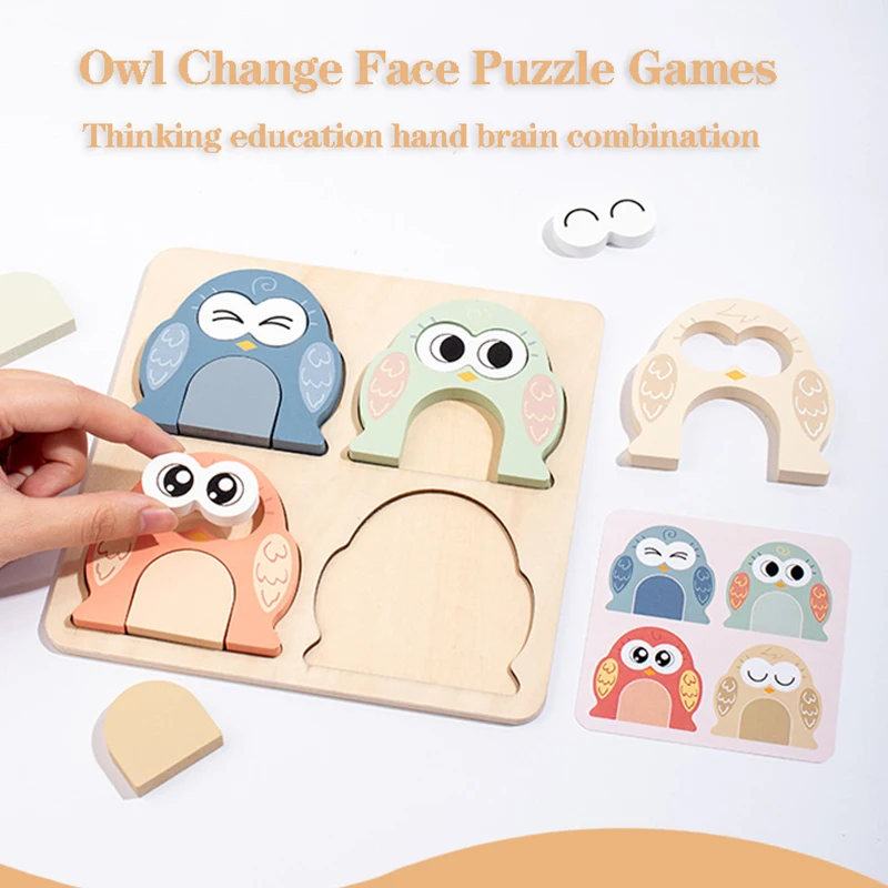 Owl Tangram Montessori Puzzles Toys Face Change Expression Shape Matching Games Intelligence Educational Wooden Toys for Kids 2