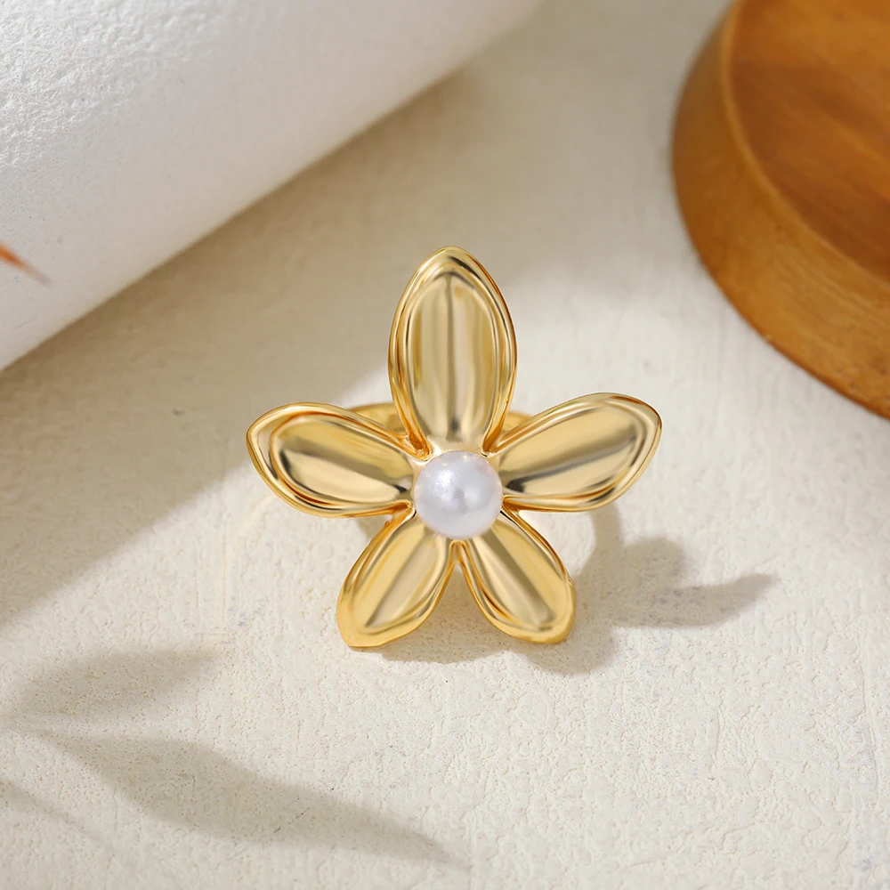INS Hot Sale Flower Pearl Ring for Women Stainless Steel Texture Anti Allergic Pearls Open Rings High Quality Jewelry Gift 2025