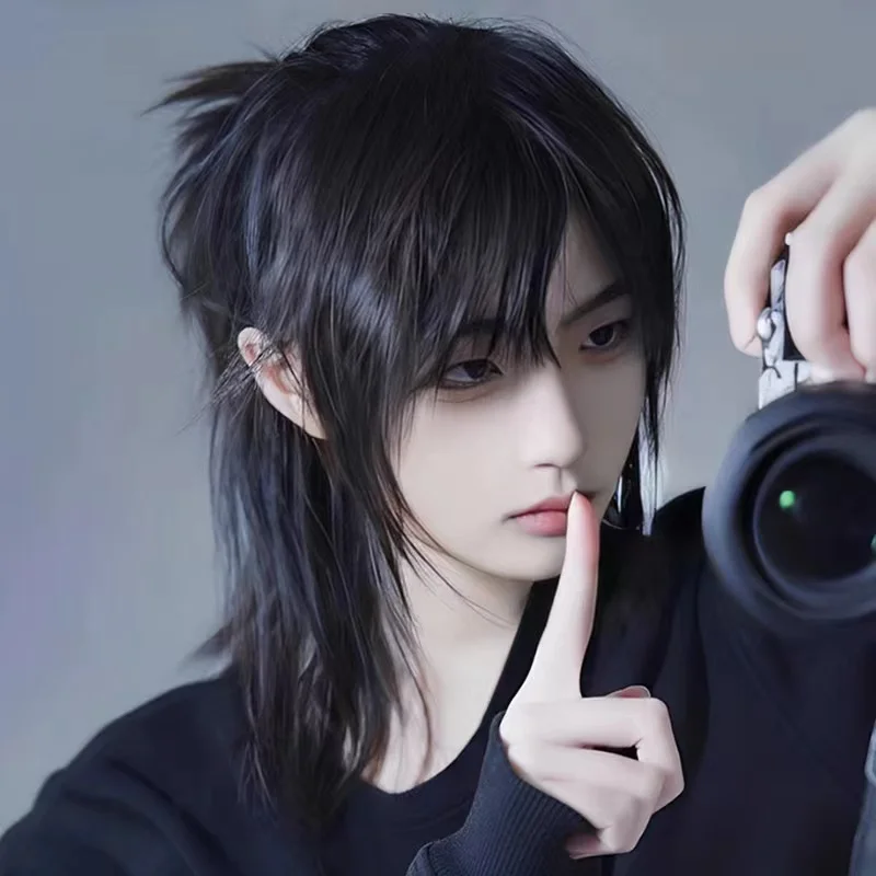 짧은 숭어 머리 가발과 앞머리 합성 스트레이트 애니메이션 남자 블랙 그레이 그린 헤어 가발 일일 파티 코스프레