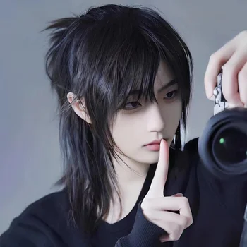Parrucche corte con testa di triglia con frangia Parrucca sintetica per capelli lisci Anime da uomo nero grigio verde per cosplay di feste quotidiane