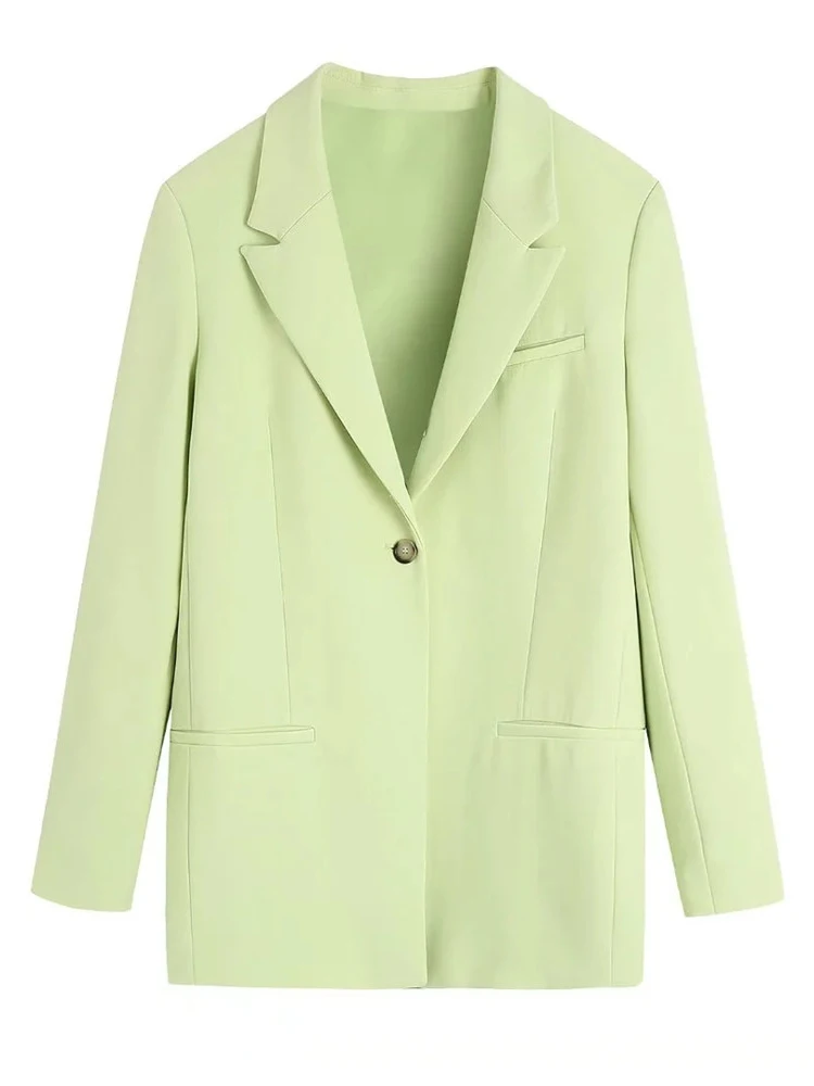 

Merodi Office Lady Spring Casual Apple Green Long Blazers Womens Single Button Straight Jackets Girls Fashion Two Pocket Outwear
