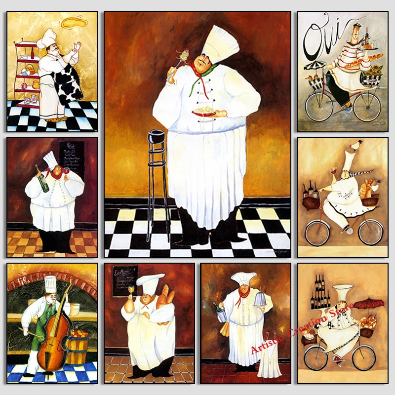 Retro Cartoon Chef Cooking Canvas Painting Bakery Cook Poster Francesi Hd Stampa Immagini Cucina Ristorante Wall Art Home Decor