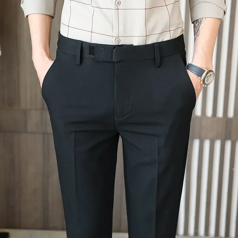 thumbnail image 1 of Pantalones de traje para hombre, 9 pantalones de trabajo recortados, de oficina, de verano, rectos, ajustados, para uso social, de sastrería, de negocios, formales, vintage, 1 of 5