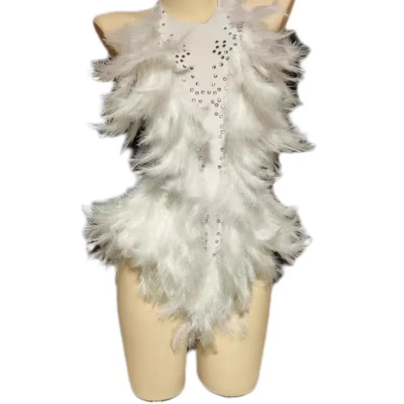 

Colorful Rhinestone Backless Jumpsuit Nightclub Party DJ Stage Performance Costume Sexy Suspenders White Feather Dress
