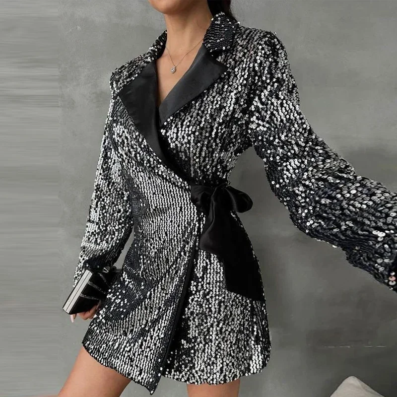 

Elegant Ladies V Neck Splicing Blazer Dress Autumn Sequin Bow Lace-up Split Party Dress Lapel Long Sleeve Ladies Mini Dress
