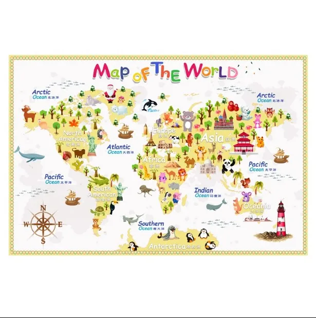 Carton World Map Poster Size Wall Decoration Large Map of The World 80x53cm Waterproof canvas map Children's Bedroom Decoration