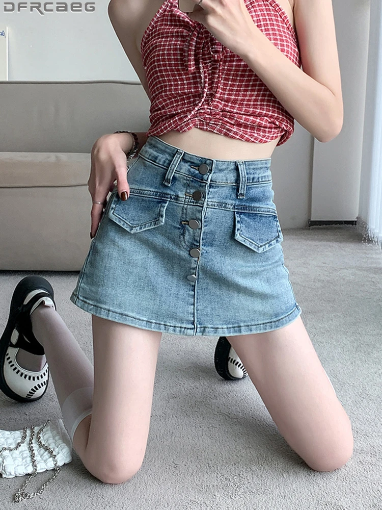 

Fashion Summer Mini Denim Skirts Women Streetwear High Waist Single-Breasted Jeans Skirt With Shorts A-Line Bodycon Jupe Short