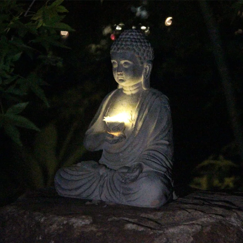 Chinese style Solar Powered Outdoor Courtyard Lights, Garden Landscape Lawn Lamp, Creative Resin Buddha Statues Decorations, 1Pc