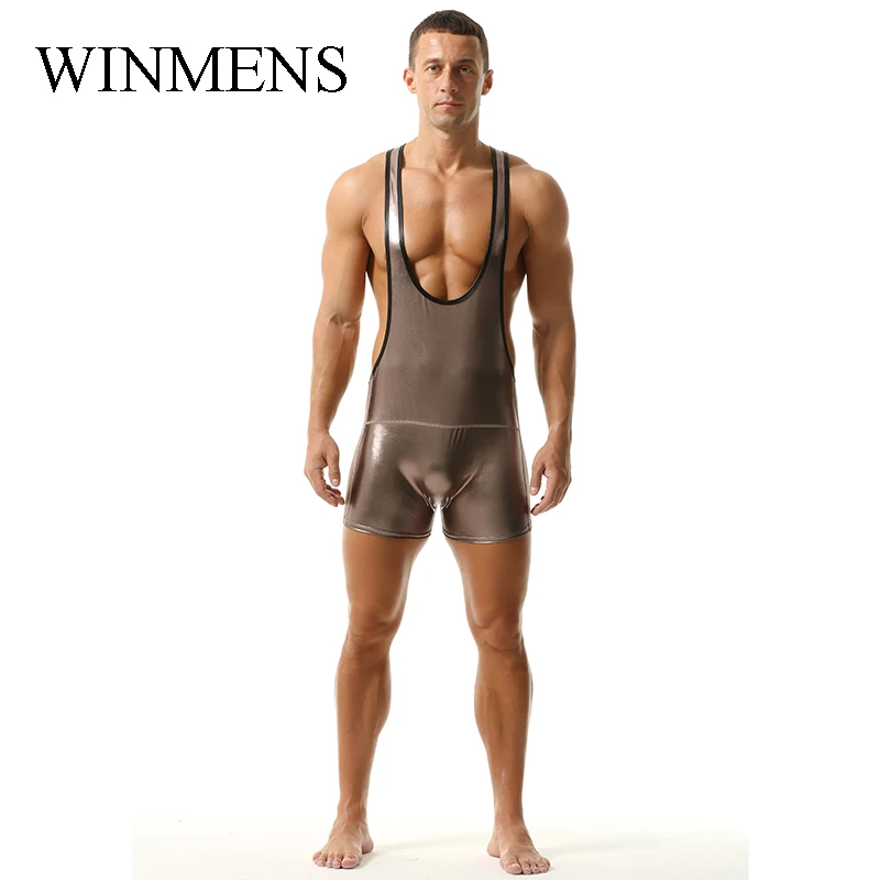 Men's Shiny Jumpsuit Splicing Imitation Leather and Mesh Elastic One Piece Underwear Halter Sleeveless Low-necked Costume