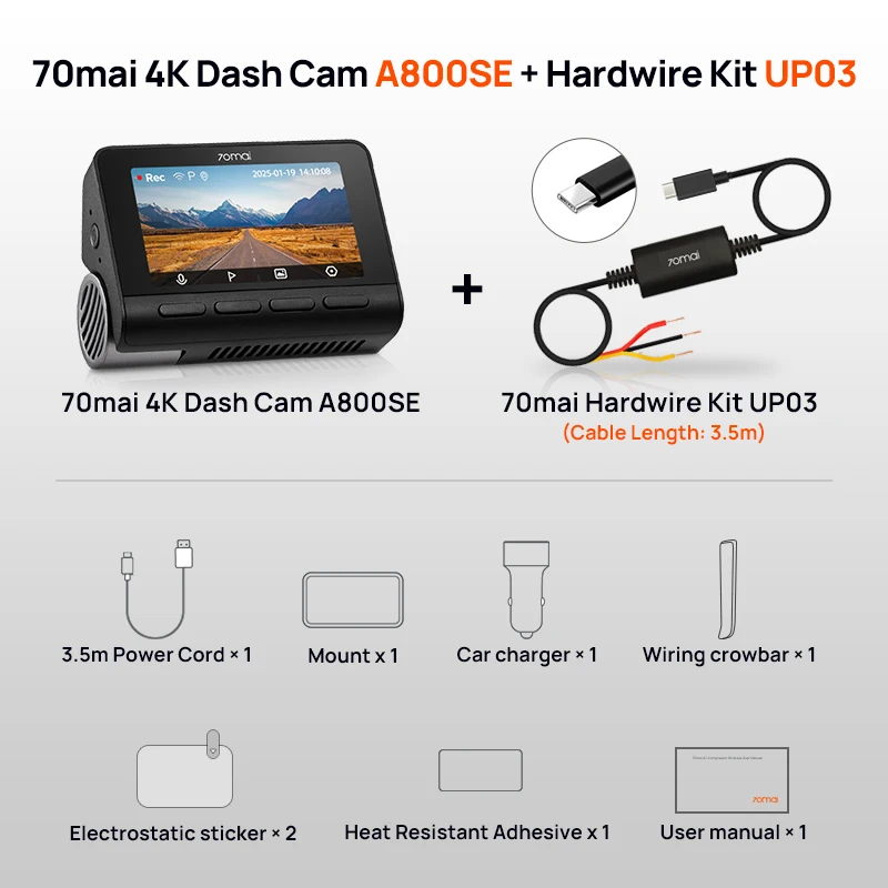 70mai 4K Dash Cam A800SE Supercapacitor Car DVR Support Dual