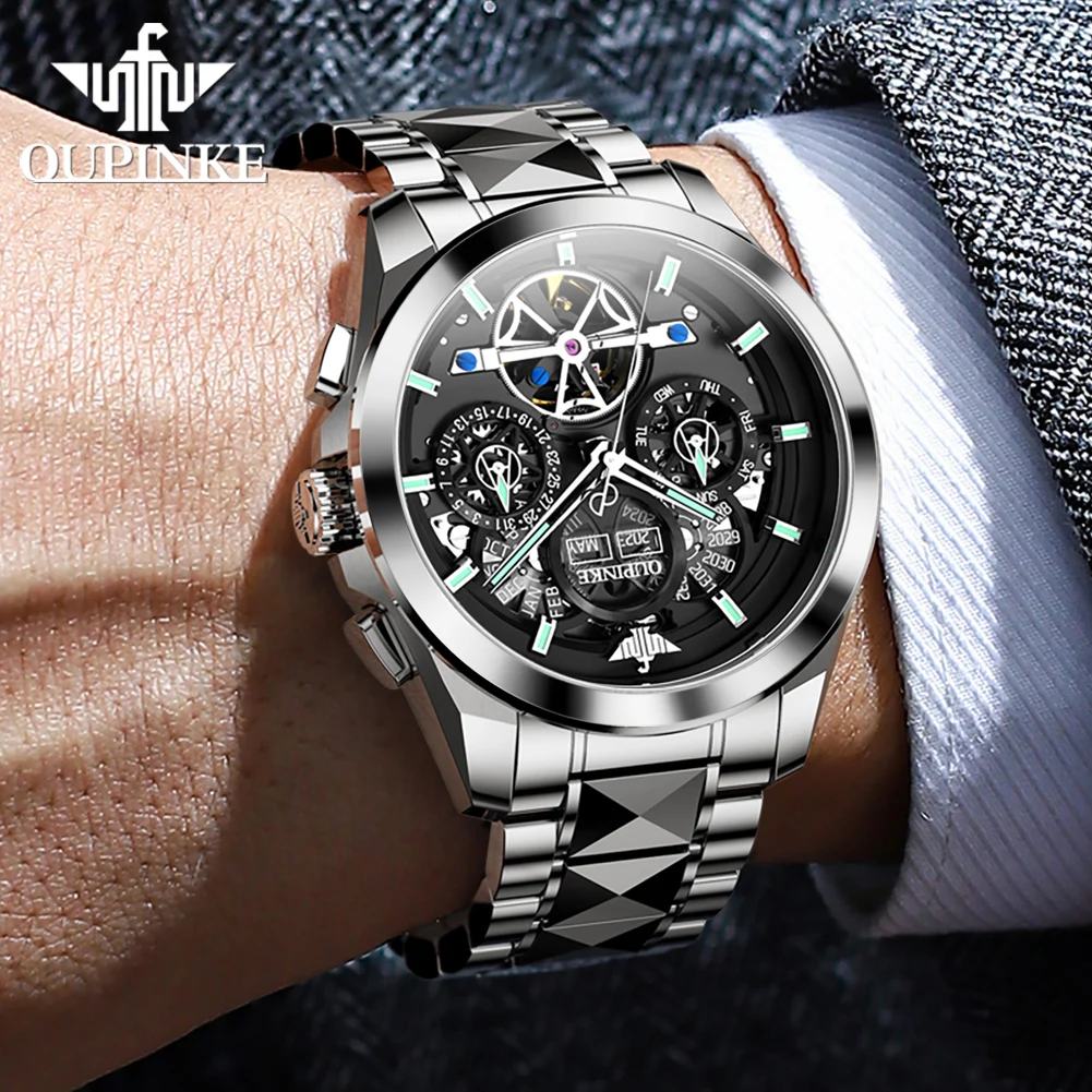 OUPINKE 3233 Men's Watch Hollow Skeleton Automatic Watch For Men 50M Waterproof Sapphire Mirror Date Man Mechanical Wristwatch